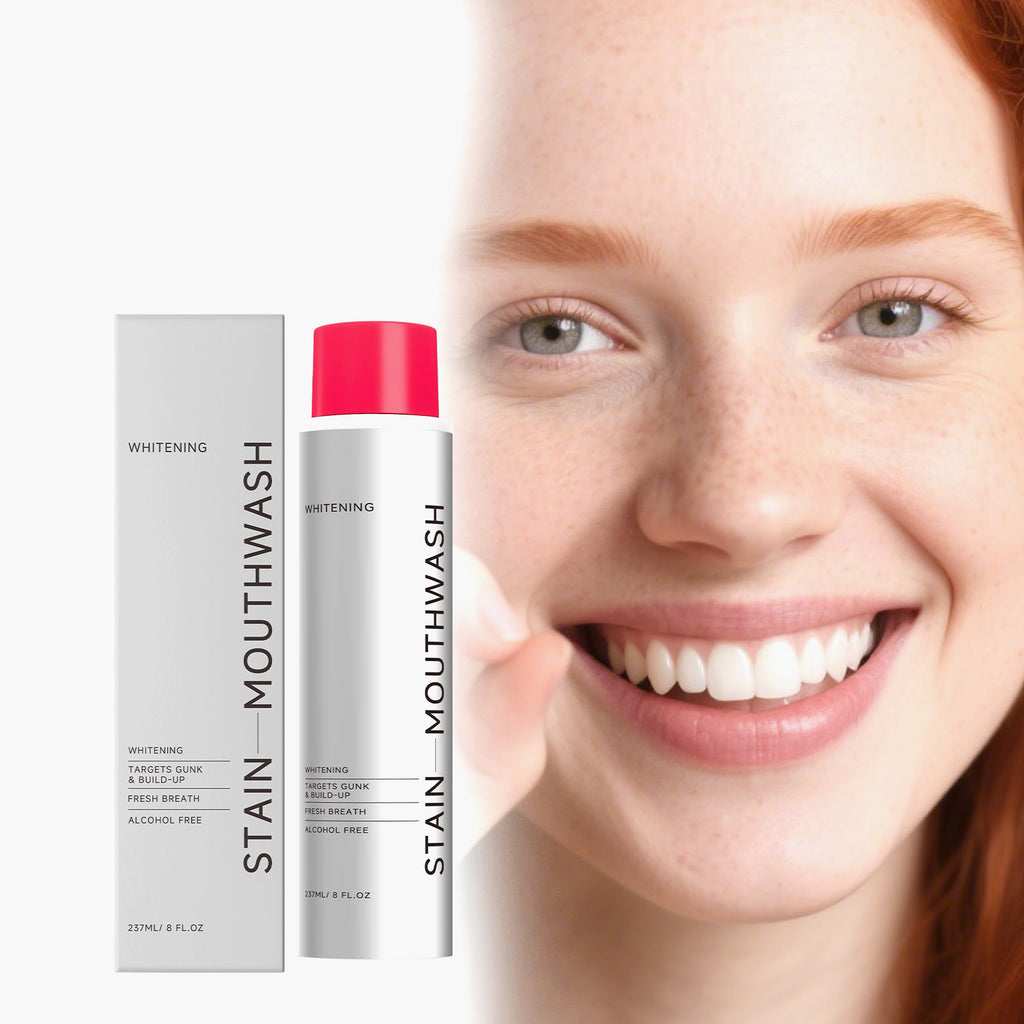 Velorian Collection stain-removing whitening mouthwash in 237ml bottle, showcasing clear liquid and label.