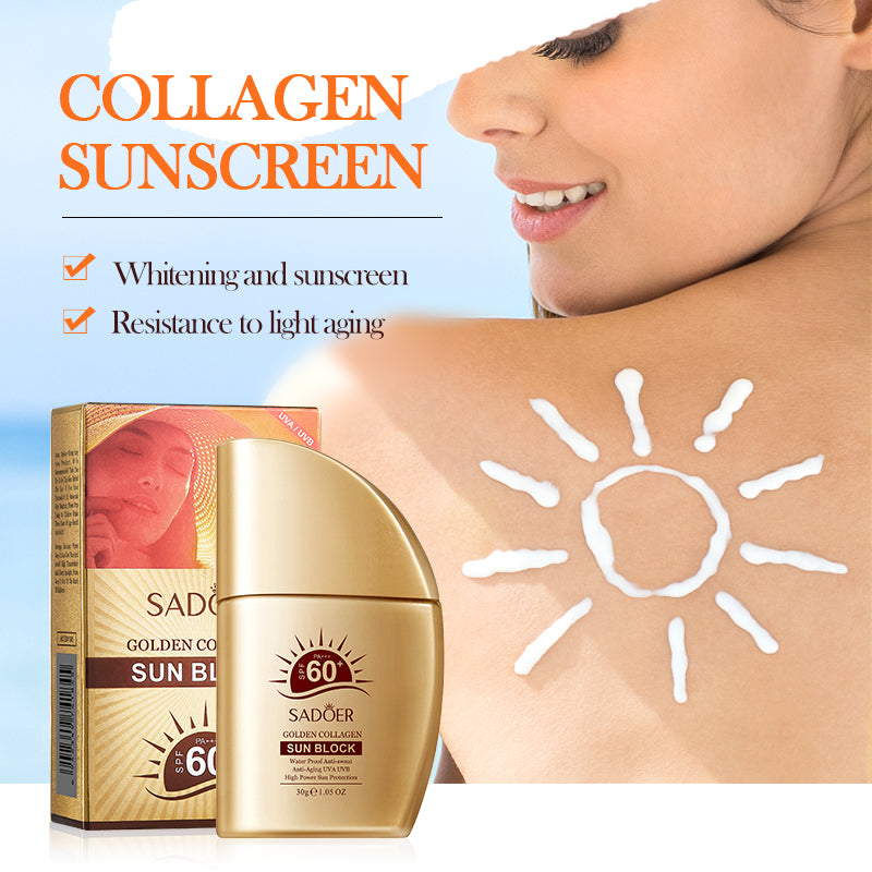 Velorian Collection SADOER Gold Collagen Sunscreen Lotion 30g tube, health care product with gold accents and SPF protection.