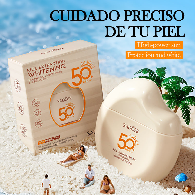 Velorian Collection SADOER Rice Moisturizing Sunscreen Lotion SPF50 PA 60g with transparent, whitening, and moisturizing formula.