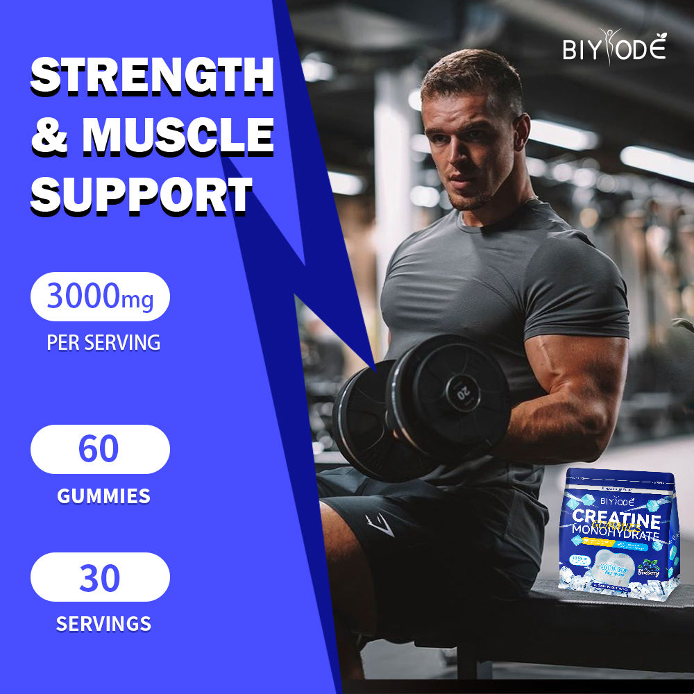 Velorian Collection Premium Creatine Monohydrate Gummies in a clear container, showing the orange and blue flavored supplement gummies.