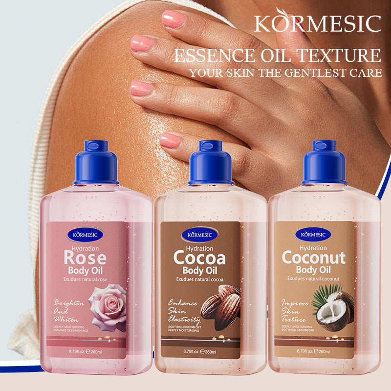 Velorian Collection KORMESIC Cocoa Body Oil 260ml bottle with a sleek design, shown in a close-up view.