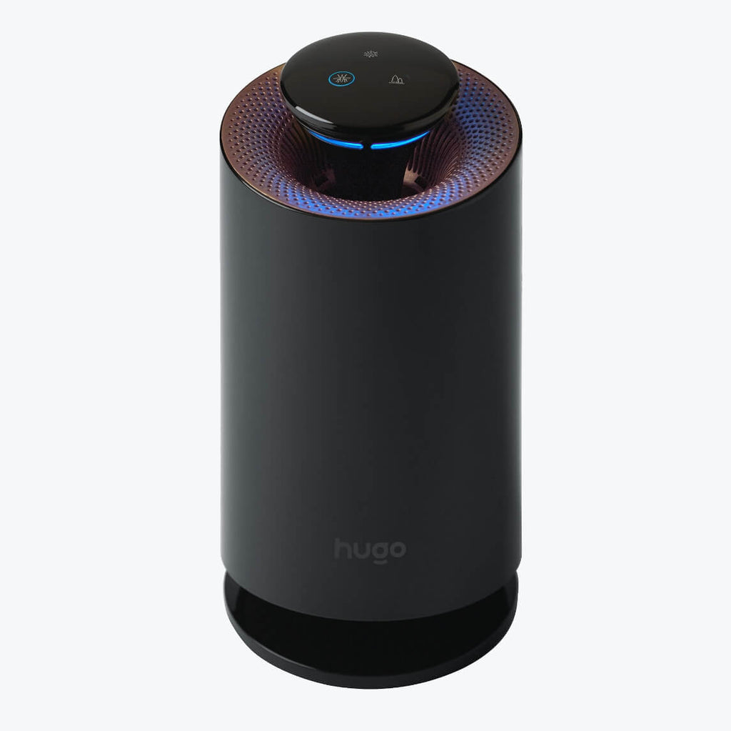 Black Hugo 3-in-1 air purifier, mosquito trap, and air sterilizer with sleek design and digital control panel.