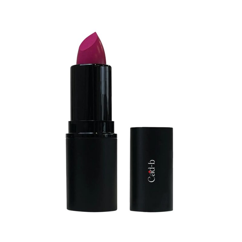Cad b Pink Pizzazz lipstick with beeswax hydrating formula, cruelty-free, paraben-free, pink shade, creamy texture.