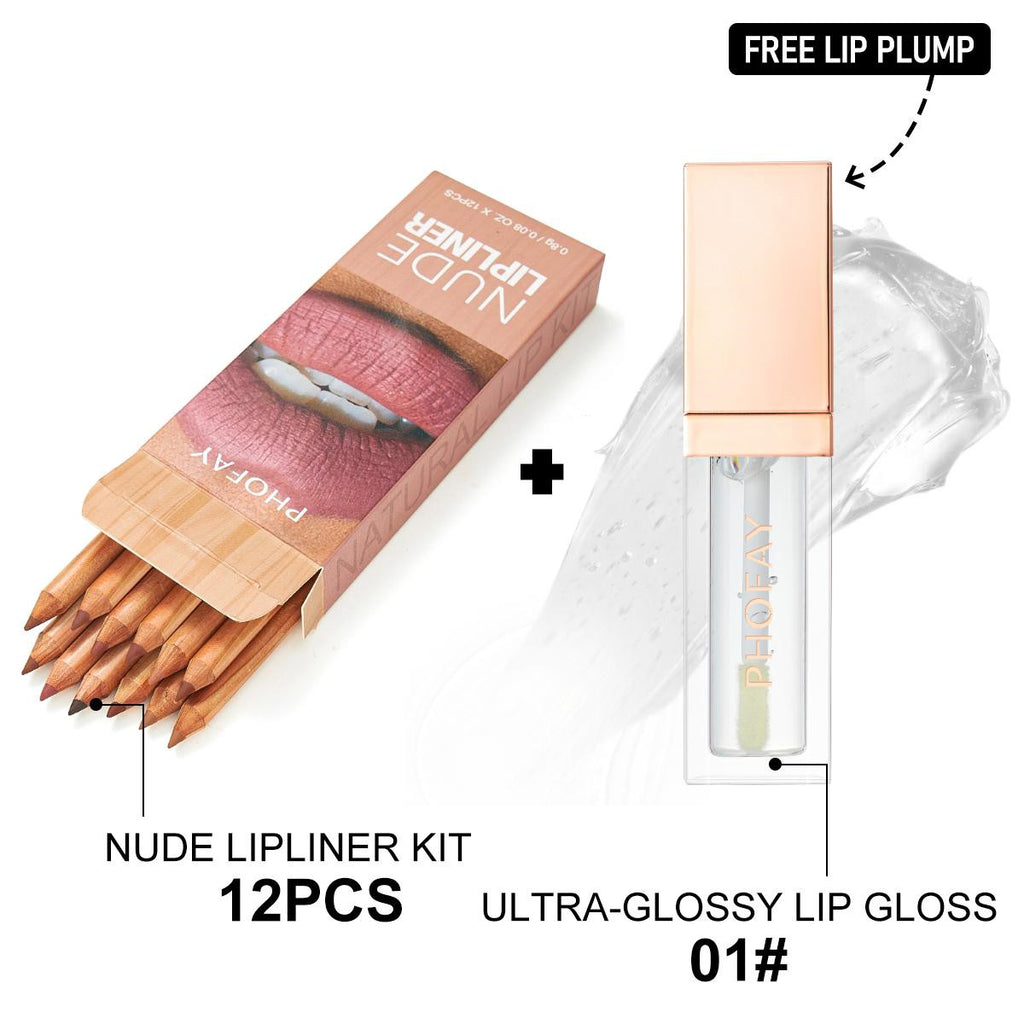 Velorian Collection PHOFAY Ultra-Glossy Nude Lip Gloss and Lipliner Kit, featuring sleek packaging and natural nude shades.