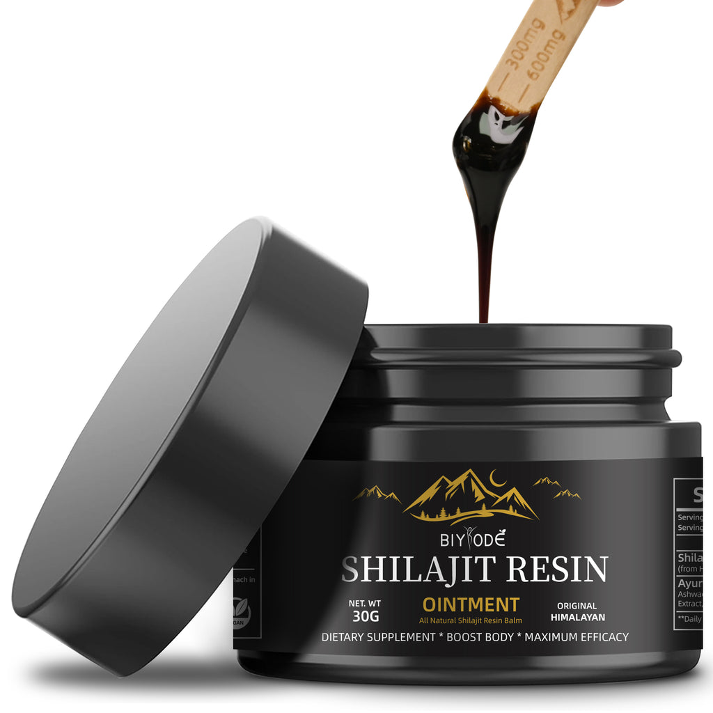 Velorian Collection Himalayan Shilajit resin ointment jar for energy and heart health, natural supplement for vitality and blood support.