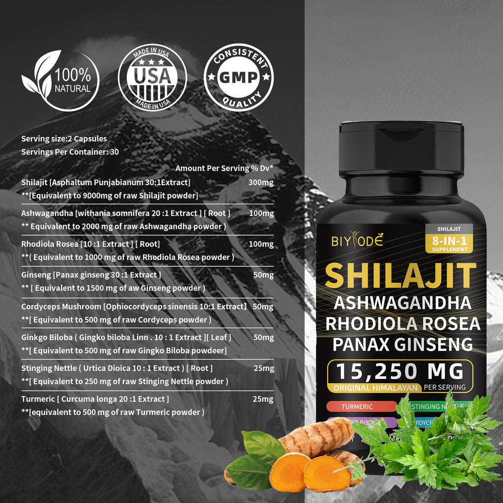 Velorian Collection Himalayan Shilajit capsules with Ashwagandha and Ginseng, natural health supplement for energy and wellness.