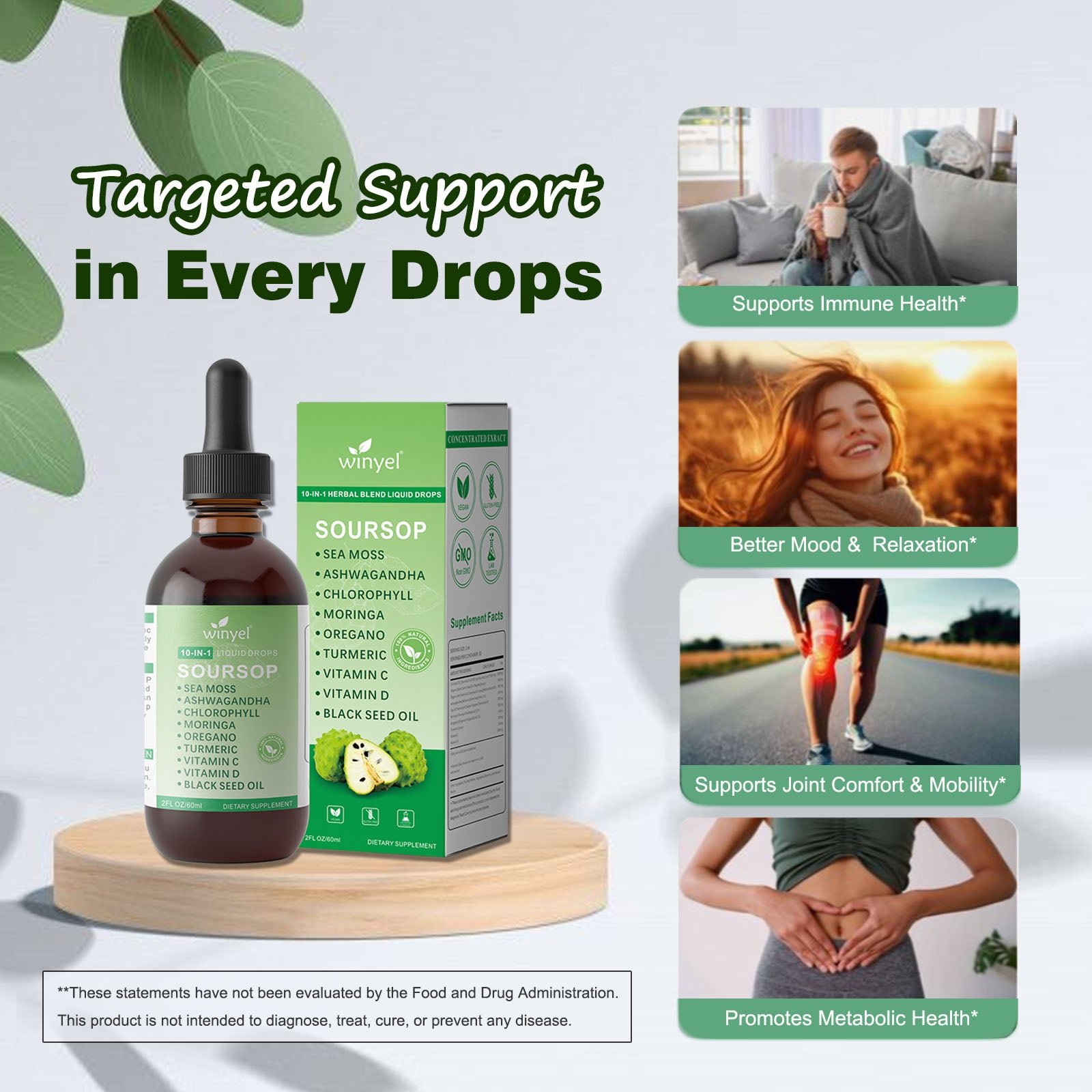 Velorian Collection Soursop Drops 10-in-1 herbal extract bottle with seaweed, moringa, black seed oil, oregano, ashwagandha, and chlorophyll.