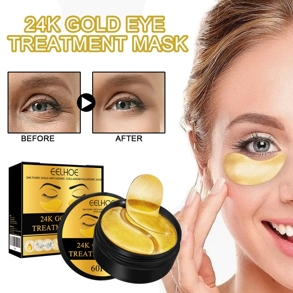 Velorian Collection 24K Gold Eye Masks, 60pcs, health care product featuring gold-infused eye patches for skin rejuvenation.