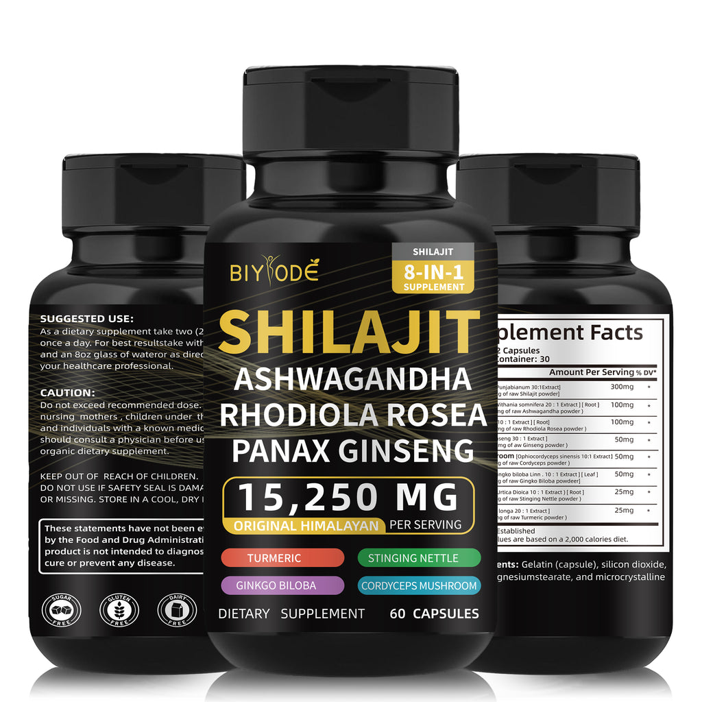 Velorian Collection Himalayan Shilajit capsules with Ashwagandha and Ginseng, energy supplement, natural health care product.