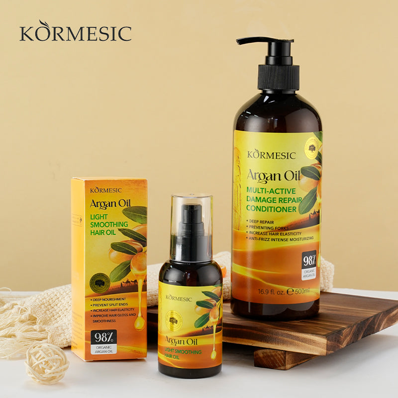 Velorian Collection KORMESIC Moroccan Argan Oil bottle showing lightweight, smooth hair oil in 110ml bottle on a plain background.
