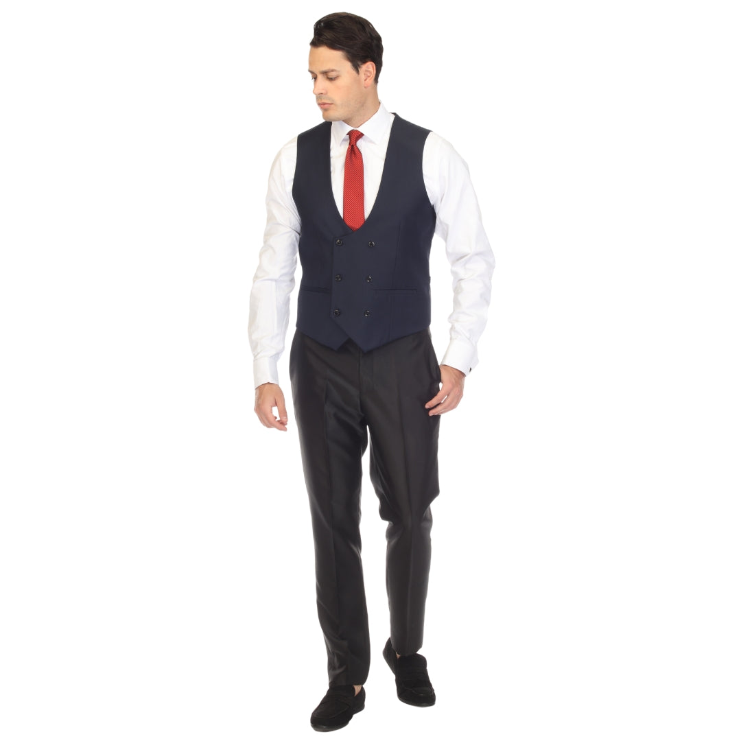 FERRECCI Cruz men's navy double-breasted vest displayed on a hanger, showcasing tailored design and classic style.