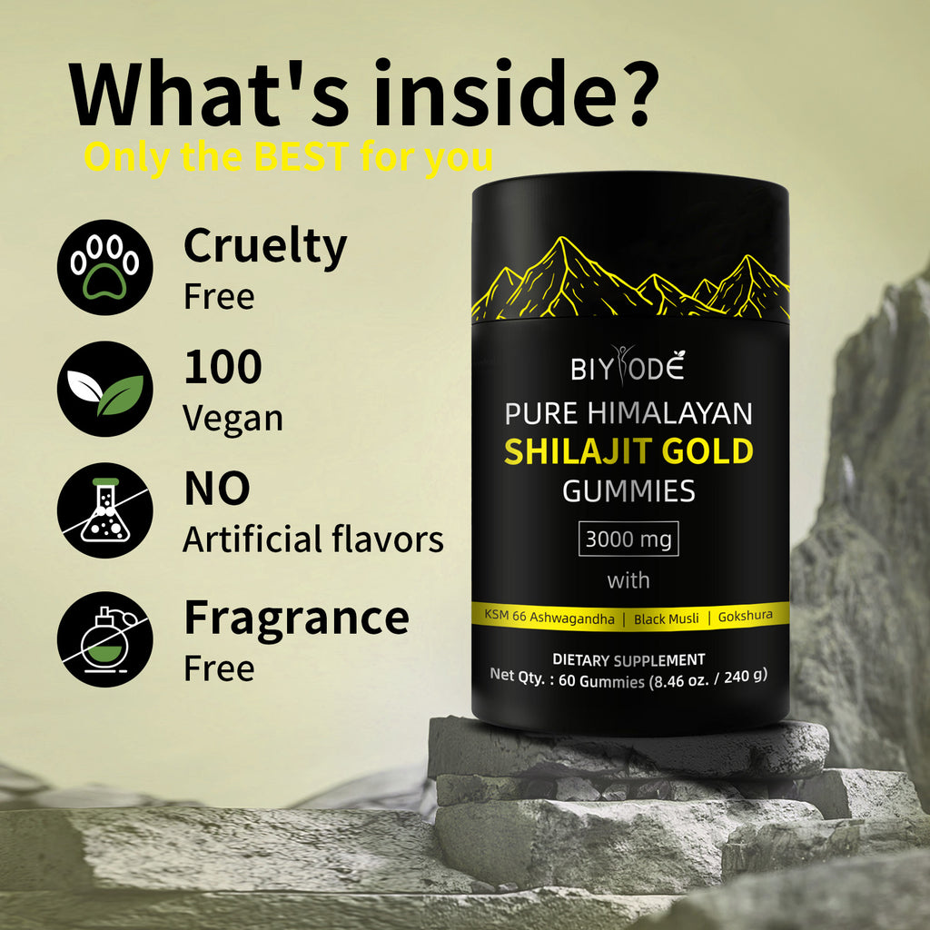 Velorian Collection gold Shilajit gummies in a health care bottle, showing the colorful gummy supplements.
