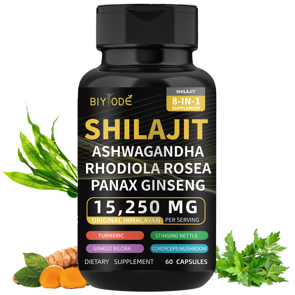 Velorian Collection Himalayan Shilajit capsules with Ashwagandha and Ginseng, energy supplement in a clear bottle with label.