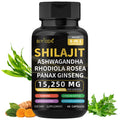 Velorian Collection Himalayan Shilajit capsules with Ashwagandha and Ginseng, energy supplement in a clear bottle with label.
