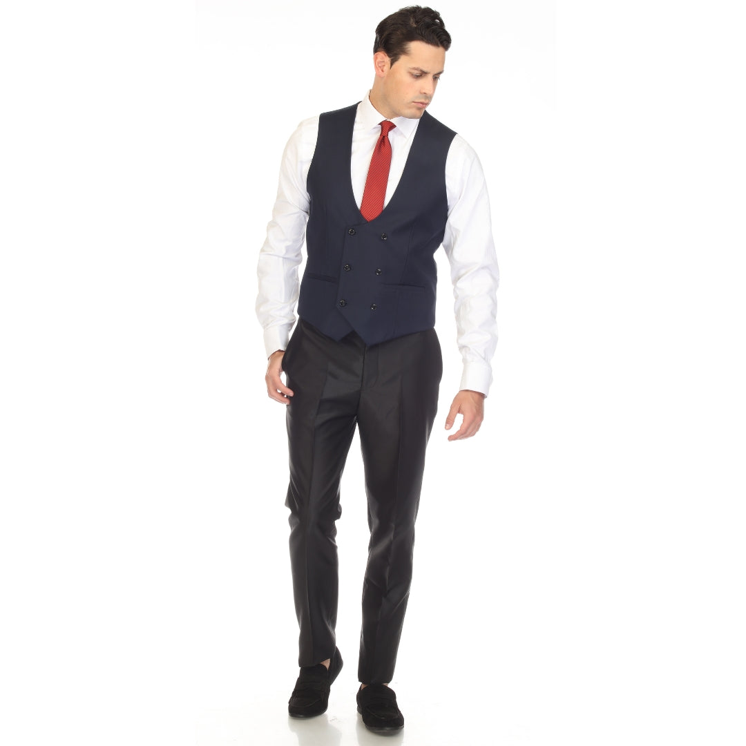 FERRECCI Cruz men's navy double-breasted vest with front buttons and tailored fit, displayed on a hanger.