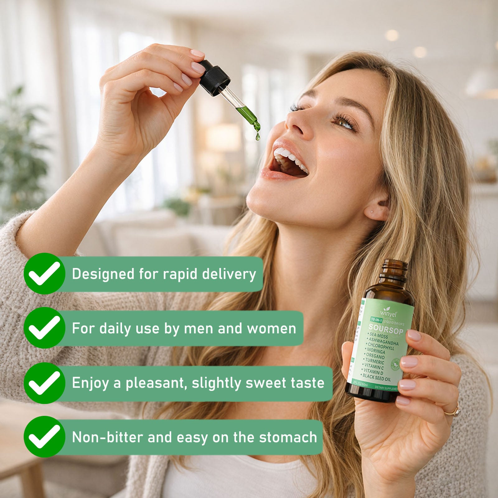 Velorian Collection Soursop Drops 10-in-1 herbal supplement with seaweed, moringa, black seed oil, oregano, ashwagandha, chlorophyll.