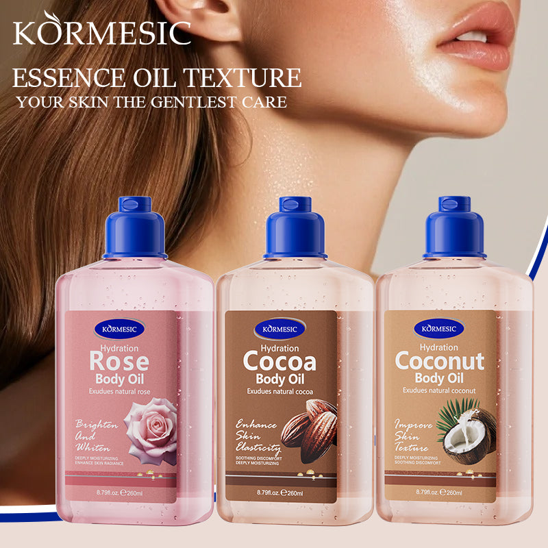 Velorian Collection KORMESIC Cocoa Body Oil 260ml bottle with a sleek design, used for skin hydration and nourishment.