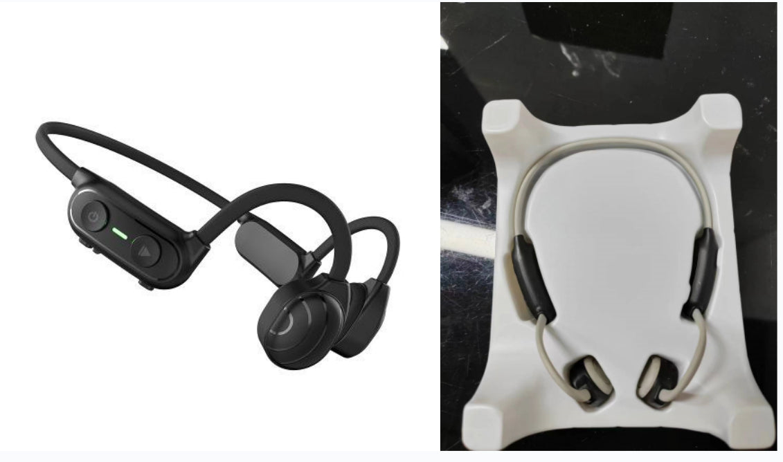 Velorian Collection personal bone conduction Bluetooth earphones showing ear hooks and sleek design, ideal for hands-free listening.
