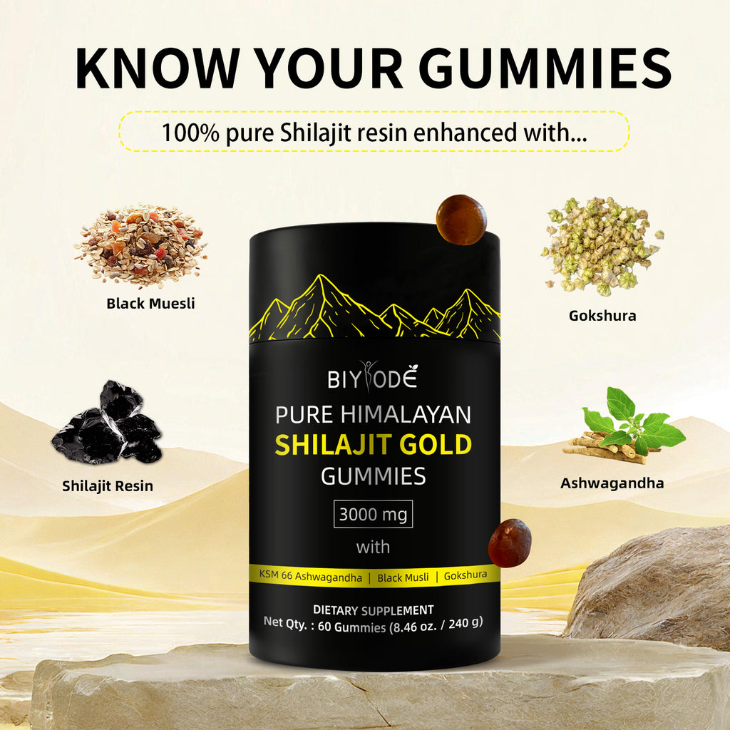 Velorian Collection Gold Shilajit Gummies bottle, health care supplement with golden-colored gummies in a clear bottle.