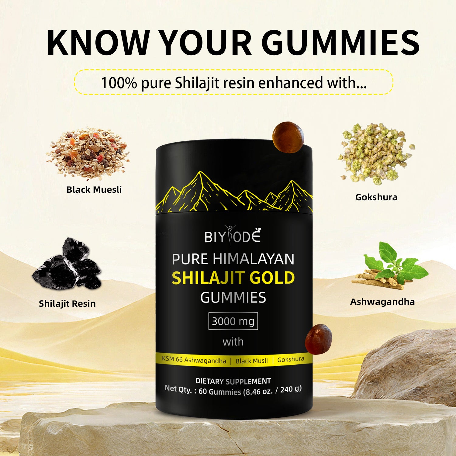 Velorian Collection Gold Shilajit Gummies bottle, health care supplement with golden-colored gummies in a clear bottle.