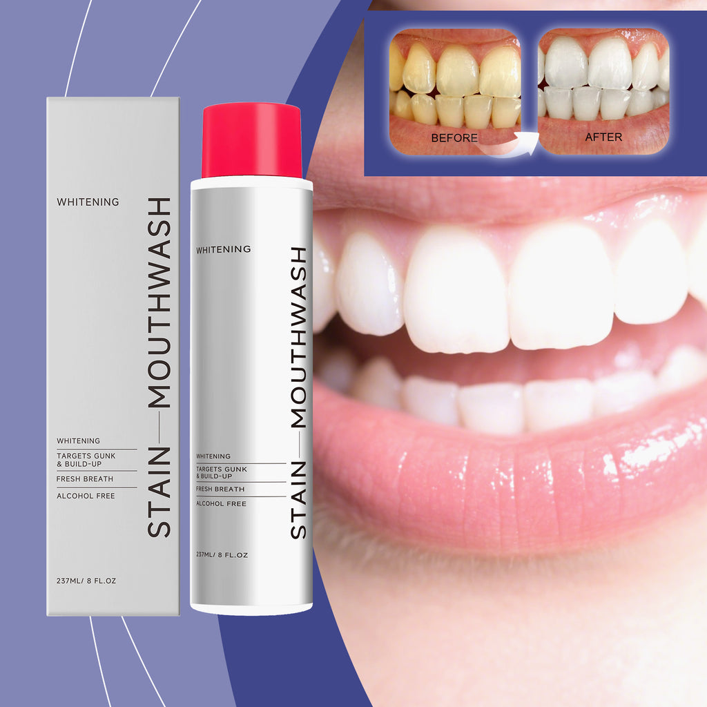 Velorian Collection stain-removing whitening mouthwash in a 237ml bottle, designed for oral health and fresh breath.