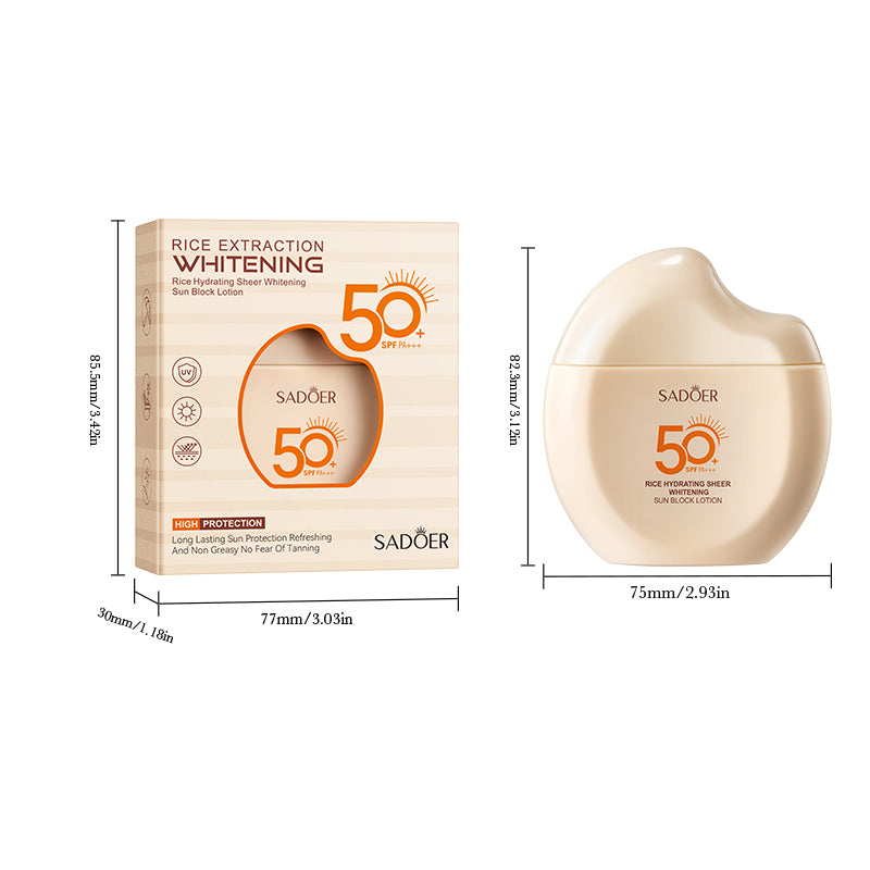 Velorian Collection SADOER Rice Moisturizing Transparent Whitening Sunscreen Lotion SPF50 PA, 60g, in a white bottle with a pump