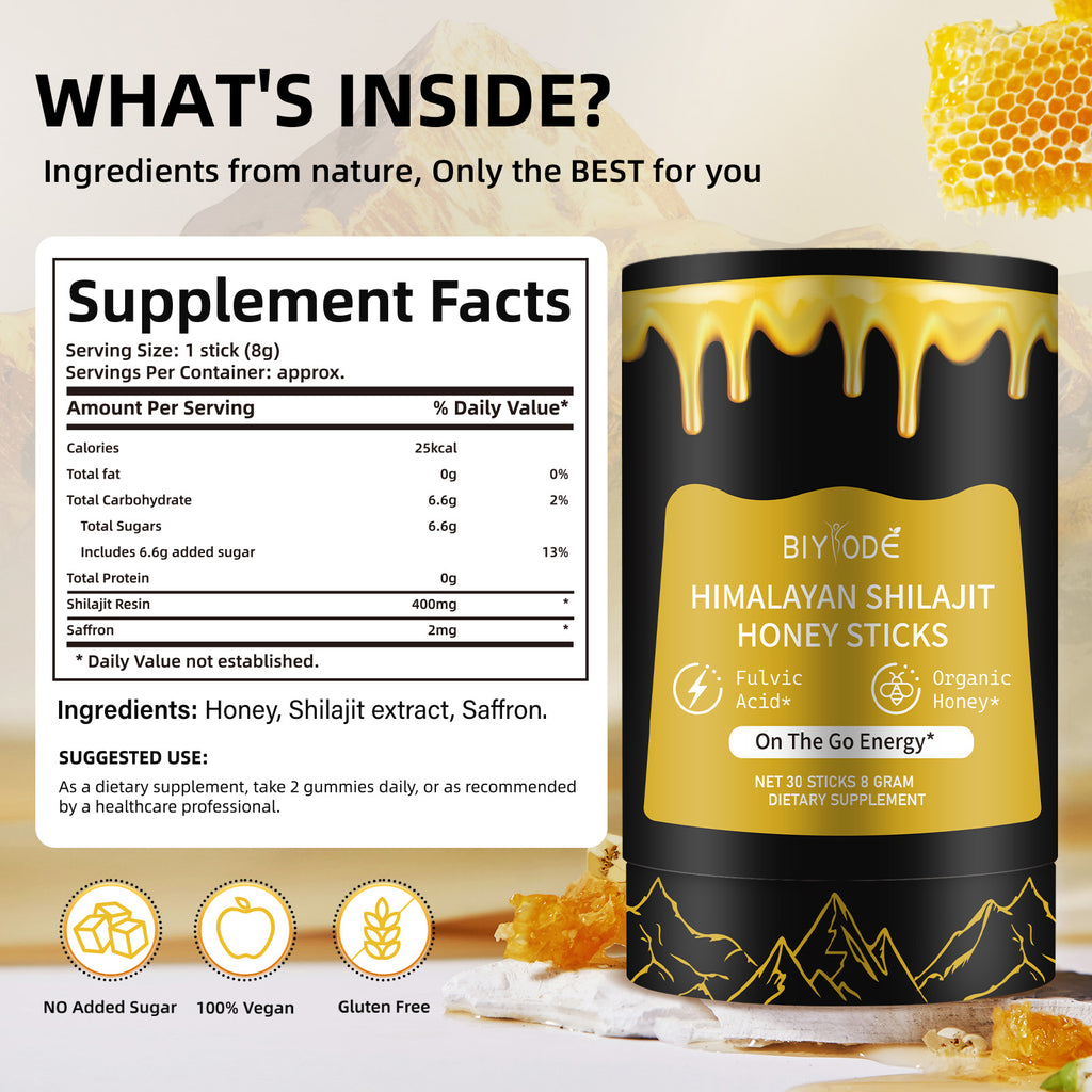 Velorian Collection wholesale pure Himalayan Shilajit resin in honey sticks, a natural health supplement with gold-colored Shilajit.
