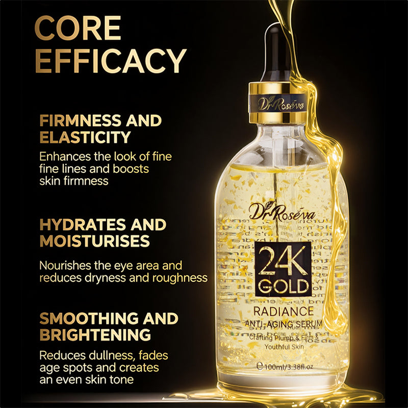 Velorian Collection DR 24k Anti-Aging Serum bottle with gold accents, displayed on a neutral background.