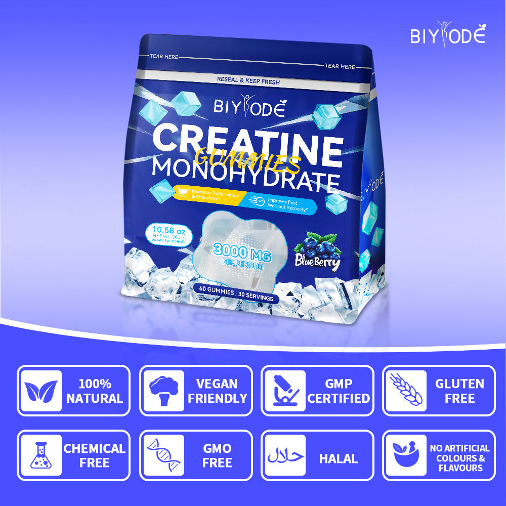 Velorian Collection Premium Creatine Monohydrate Gummies, health supplement with red and white gummy candies on a white background.
