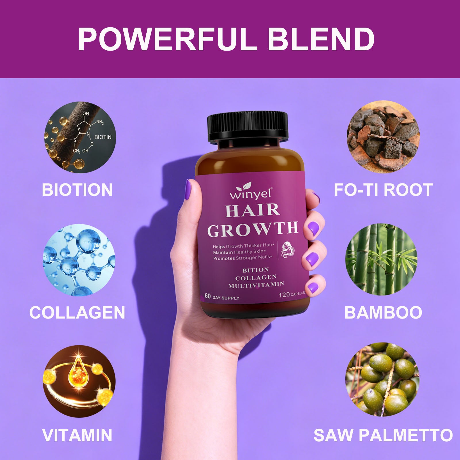 Velorian Collection hair growth vitamins with biotin, collagen, and saw palmetto for healthier hair, skin, and nails, 60-day supply.
