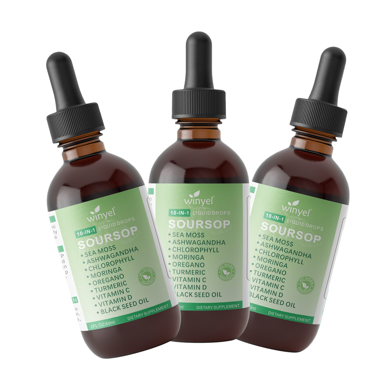 Bottle of Velorian Collection Soursop Drops 10-in-1 herbal extract with seaweed, moringa, black seed oil, oregano, and ashwagandha.