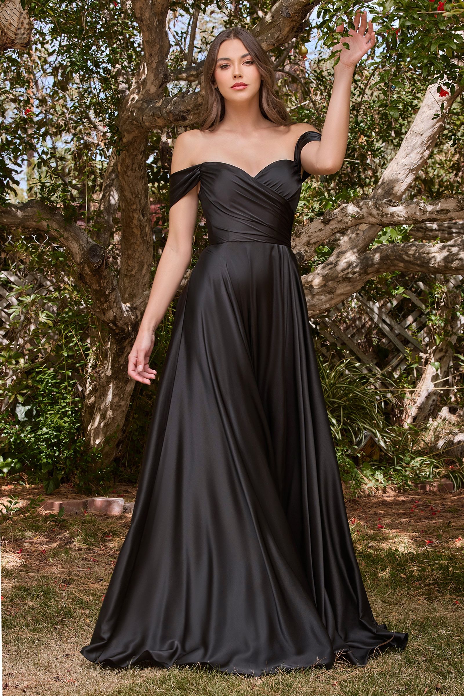 Black satin A-line off-the-shoulder evening dress by Tux-USA, featuring a curve-enhancing fit and elegant design.