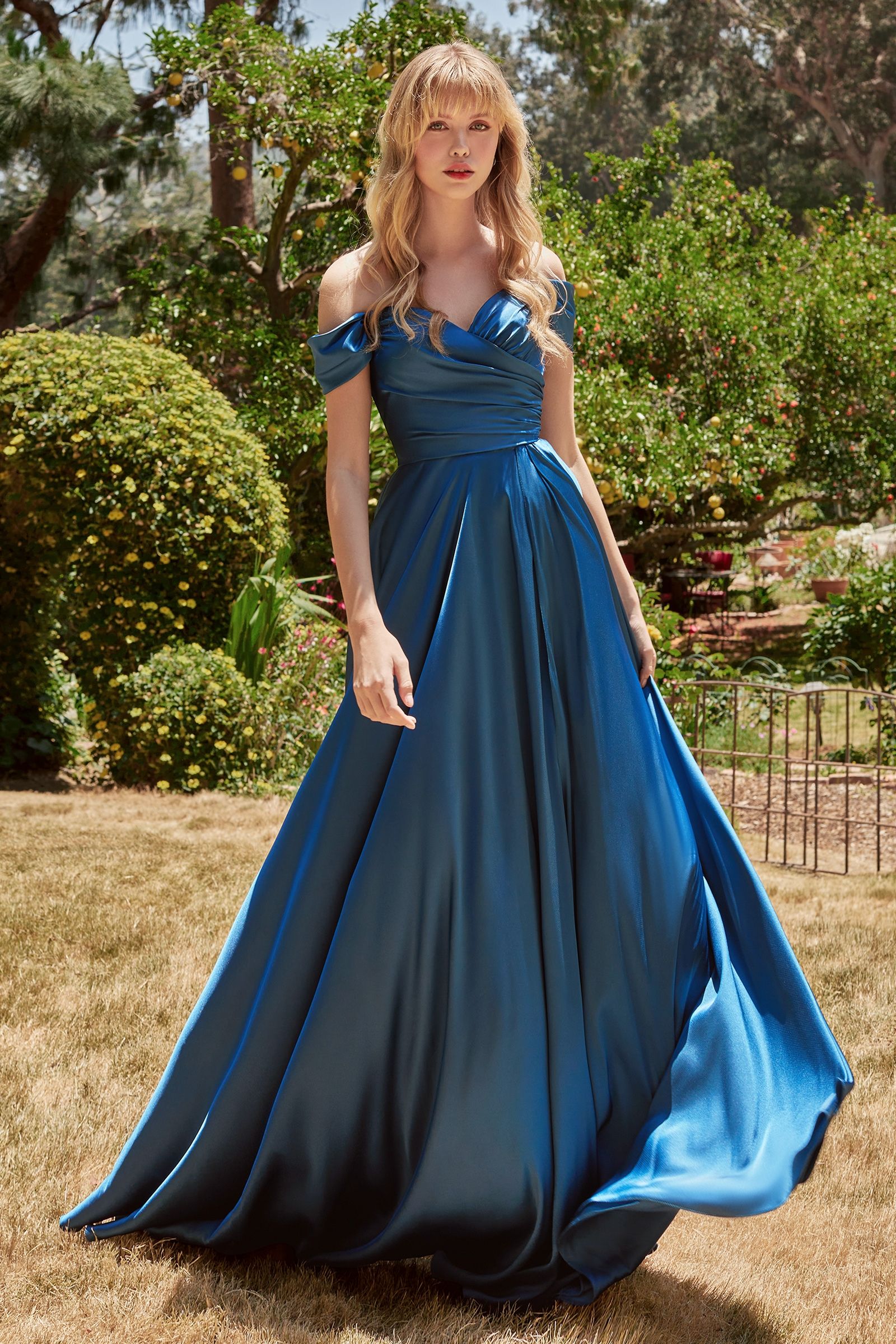 French navy satin A-line off-the-shoulder evening dress by Tux-USA, featuring a flattering silhouette and elegant design.