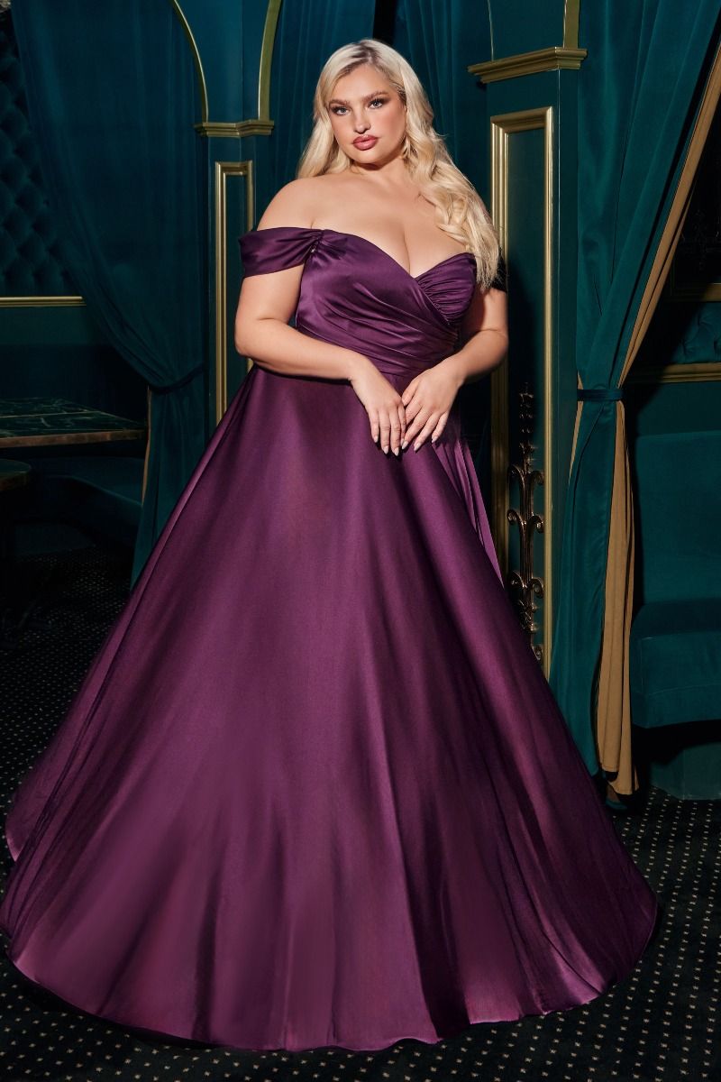 Eggplant satin A-line off-the-shoulder evening dress by Tux-USA, front view showing elegant neckline and flowing silhouette.