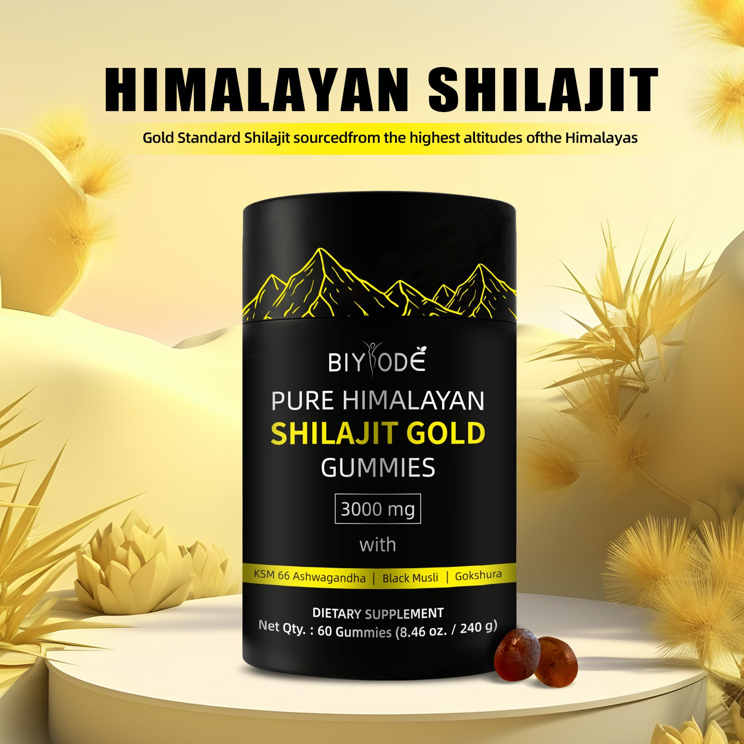 Velorian Collection Gold Shilajit Gummies bottle, health care supplement with golden-colored gummies in a clear bottle.