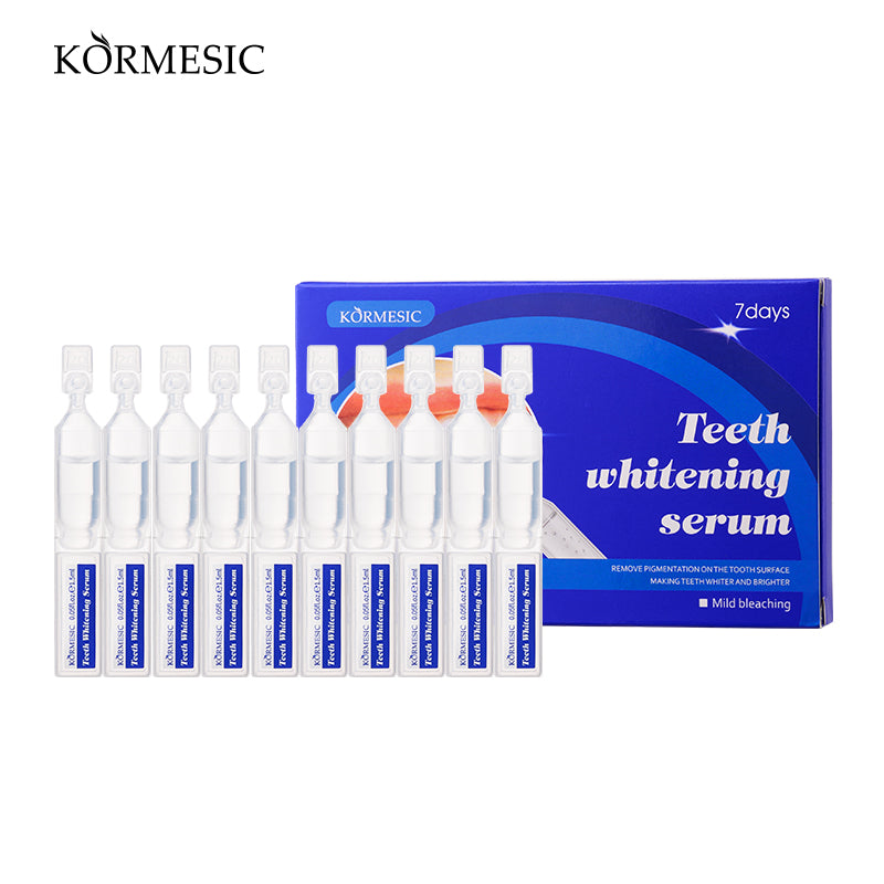 Velorian Collection KORMESIC teeth whitening serum pack with 10 small 1.5ml tubes, displayed in a row on a white background.