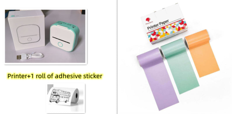 Velorian Collection portable mini thermal label printer showing printed labels, compact design, and Bluetooth connectivity for home use.