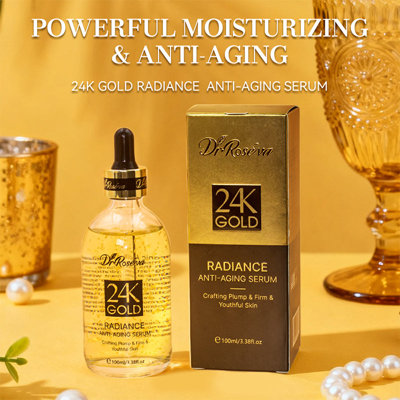 Velorian Collection DR 24k Anti-Aging Serum bottle with gold accents, displayed on a neutral background, highlighting luxury skincare.