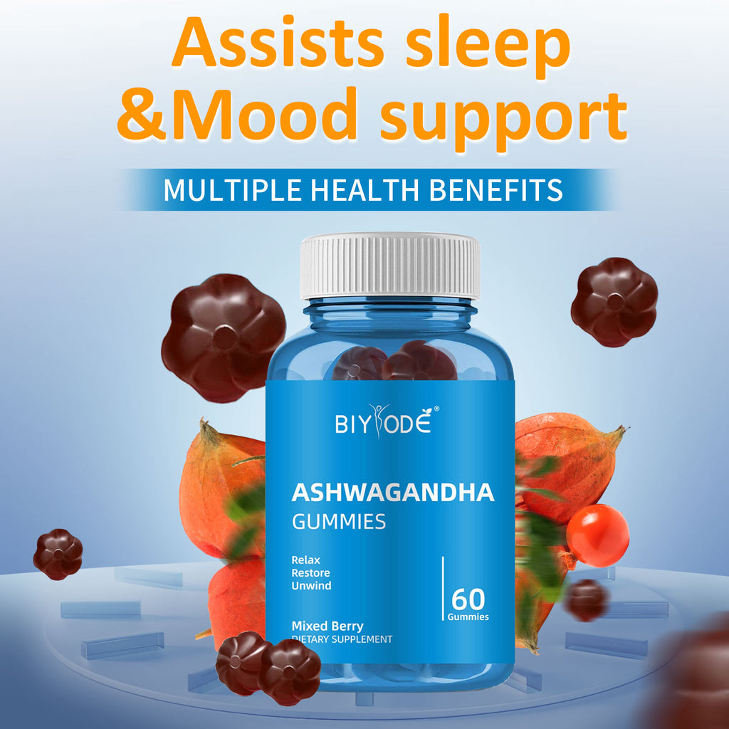 Velorian Collection Biyode Relaxation Relief Ashwagandha Gummies in a bottle, showcasing the health care supplement for stress relief.