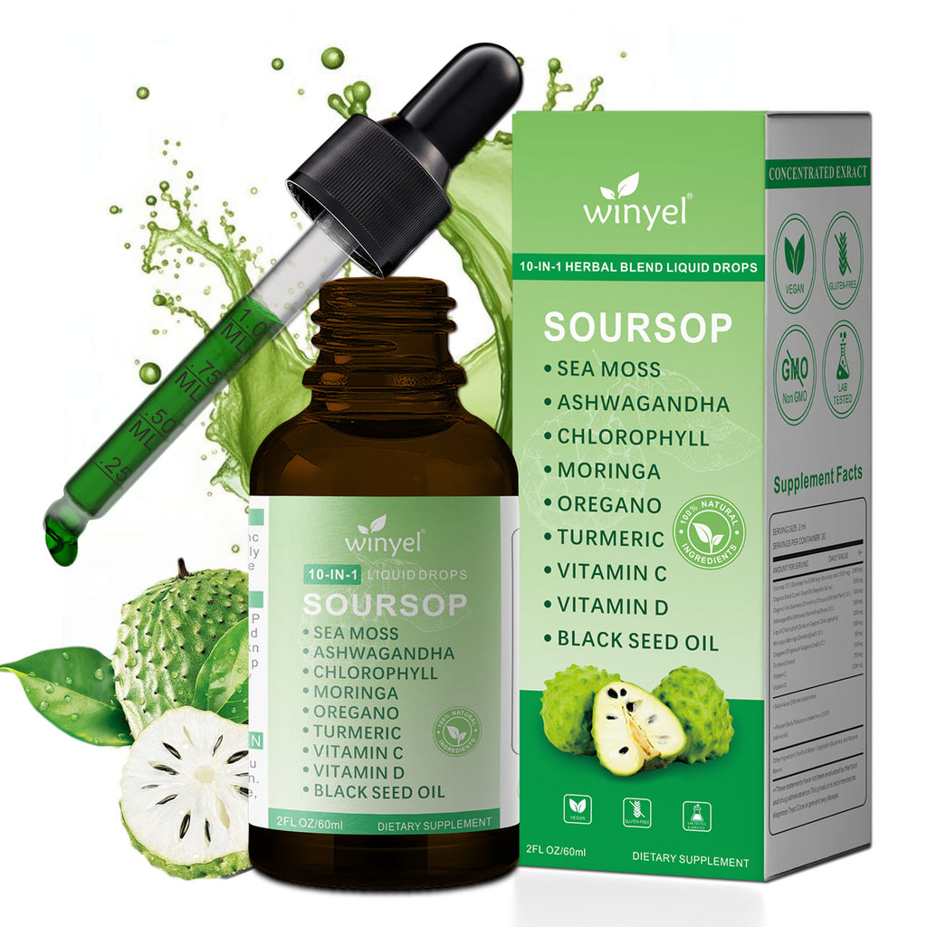 Soursop Drops 10-in-1 herbal supplement bottle by Velorian Collection, featuring seaweed, moringa, black seed oil, and herbs.