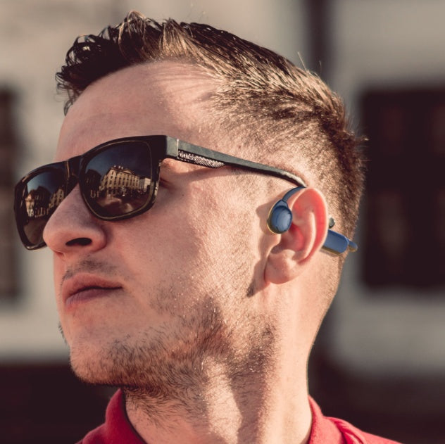 Velorian Collection personal bone conduction Bluetooth earphones showing sleek design and open-ear fit for comfortable listening.