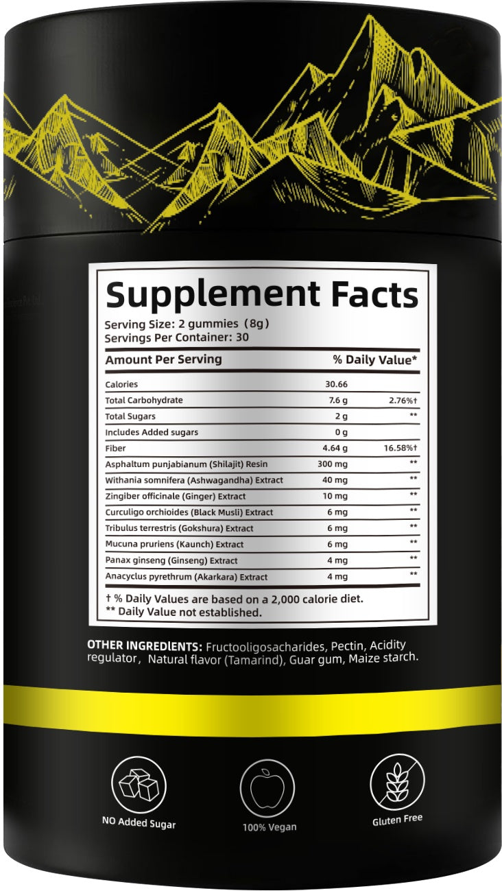 Velorian Collection gold Shilajit gummies bottle for health care, featuring a clear view of the gummies inside the package.