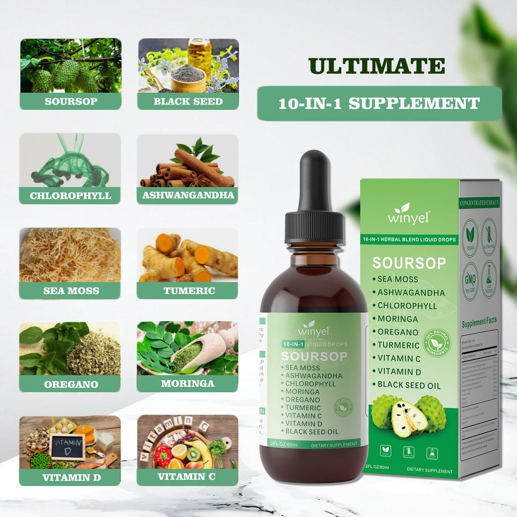 Velorian Collection Soursop Drops 10-in-1 with seaweed, moringa, black seed oil, oregano, ashwagandha, chlorophyll herbal extract.