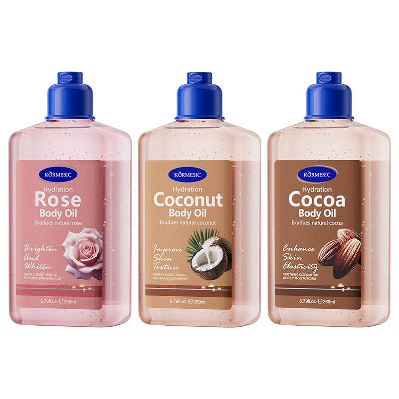 Velorian Collection KORMESIC Cocoa Body Oil bottle, 260ml, with rich cocoa formula for nourishing skin in a health care product.