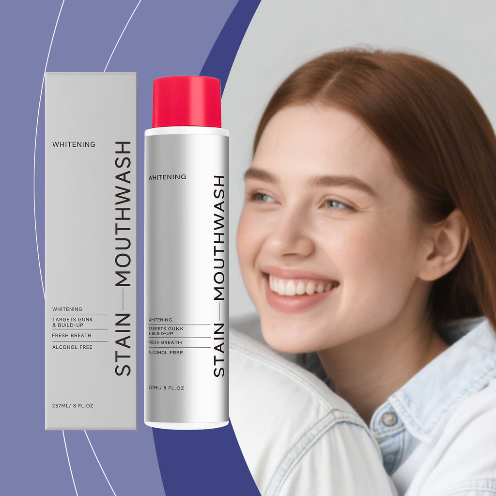 Velorian Collection stain-removing whitening mouthwash in a 237ml bottle, designed for oral health and fresh breath.