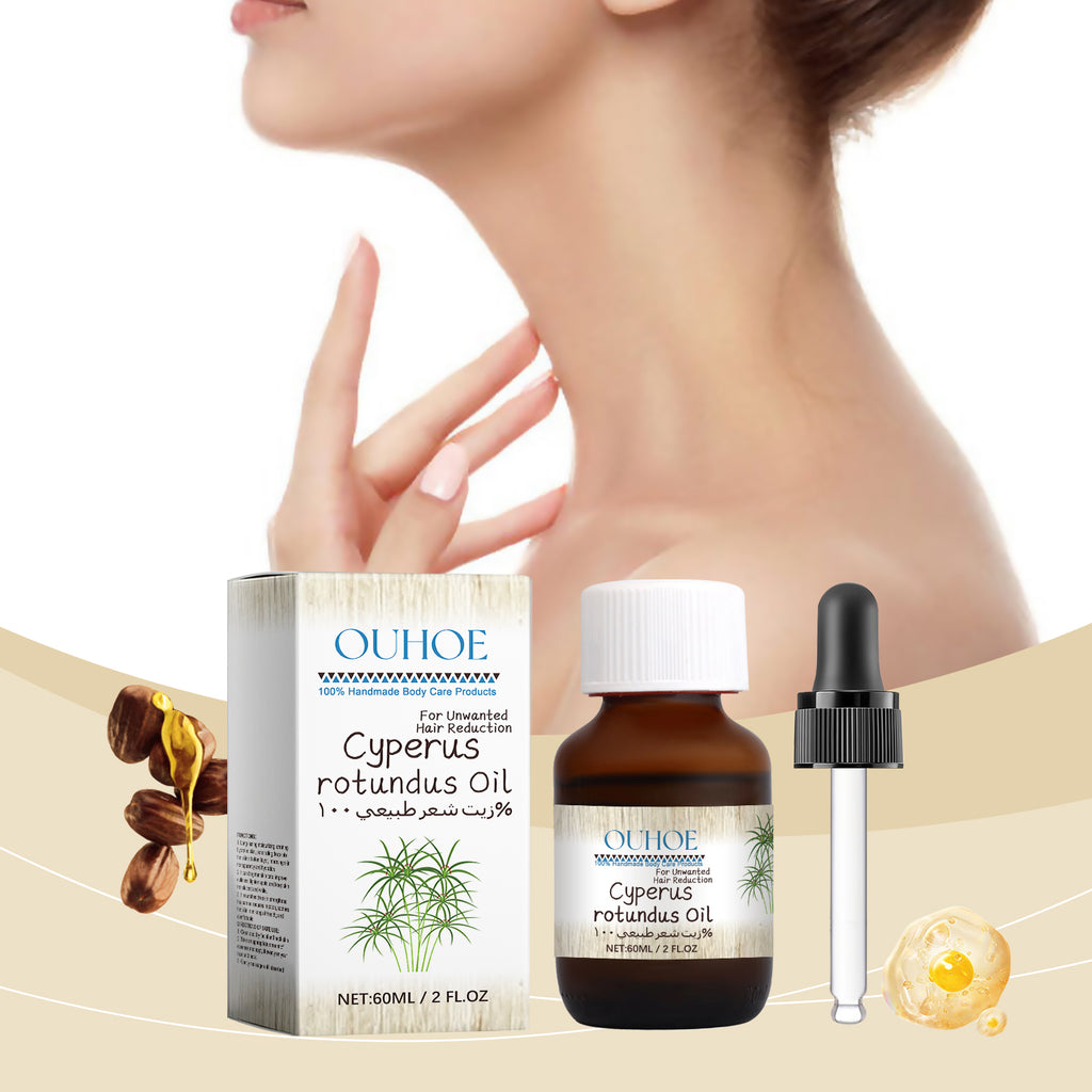 Velorian Collection Cyperus Hair Removal Care Oil bottle, health care product for smooth skin, with a white and green label.