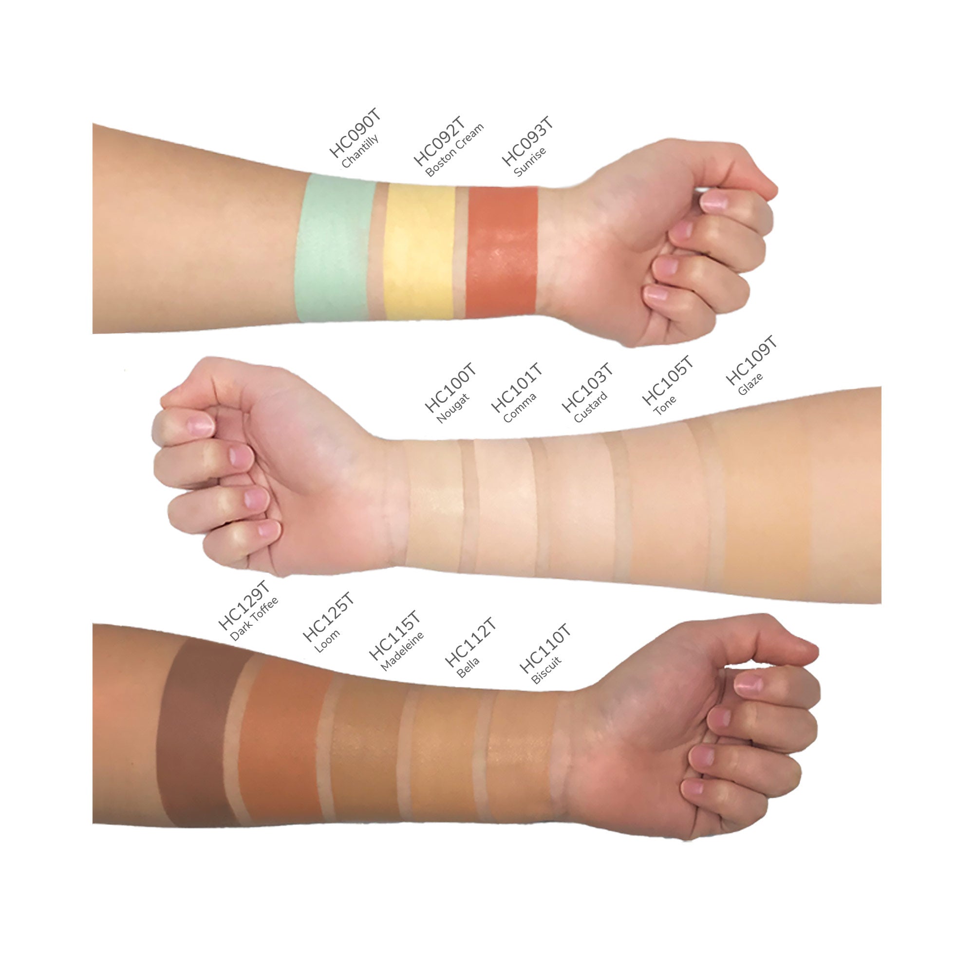 Swatches of Cad b Comma HC101T concealing cream demonstrating full coverage and brightening shades on a neutral background.