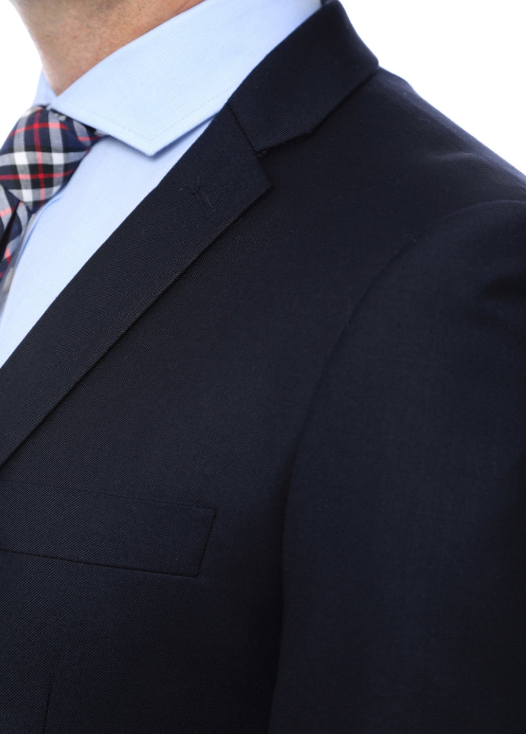 Slim fit navy blazer by Shopify featuring gold buttons, tailored for a sharp, modern look, shown on a model.