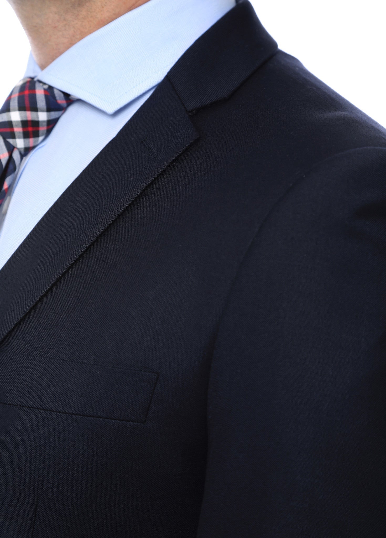 Slim fit navy blazer by Shopify featuring gold buttons, tailored for a sharp, modern look, shown on a model.