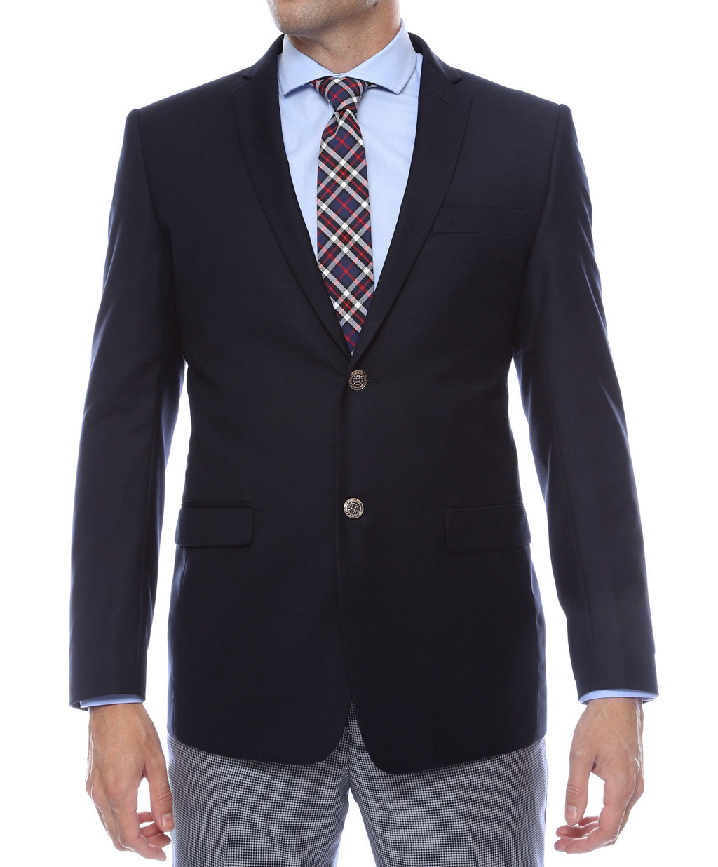 Navy slim fit blazer by Shopify with gold buttons, tailored fit, and classic style, shown on a mannequin.